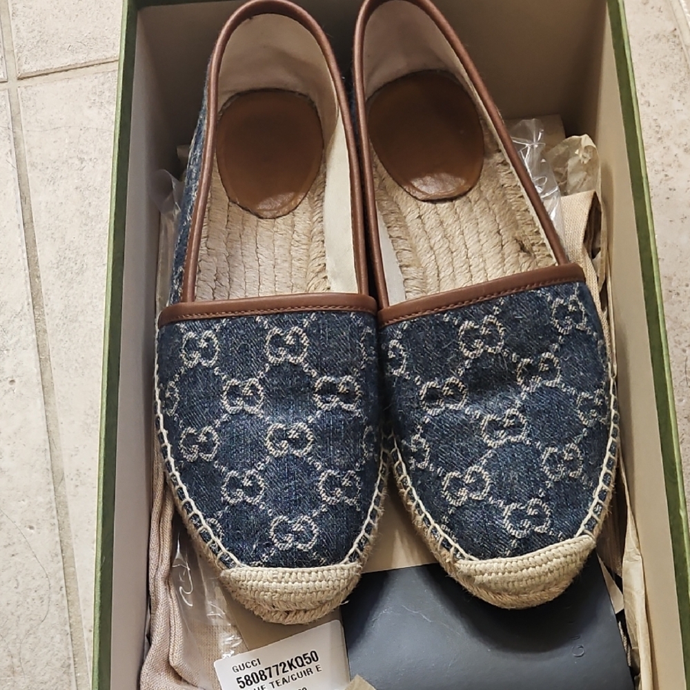 Gucci Blue Denim Espadrilles with Brown Accents
